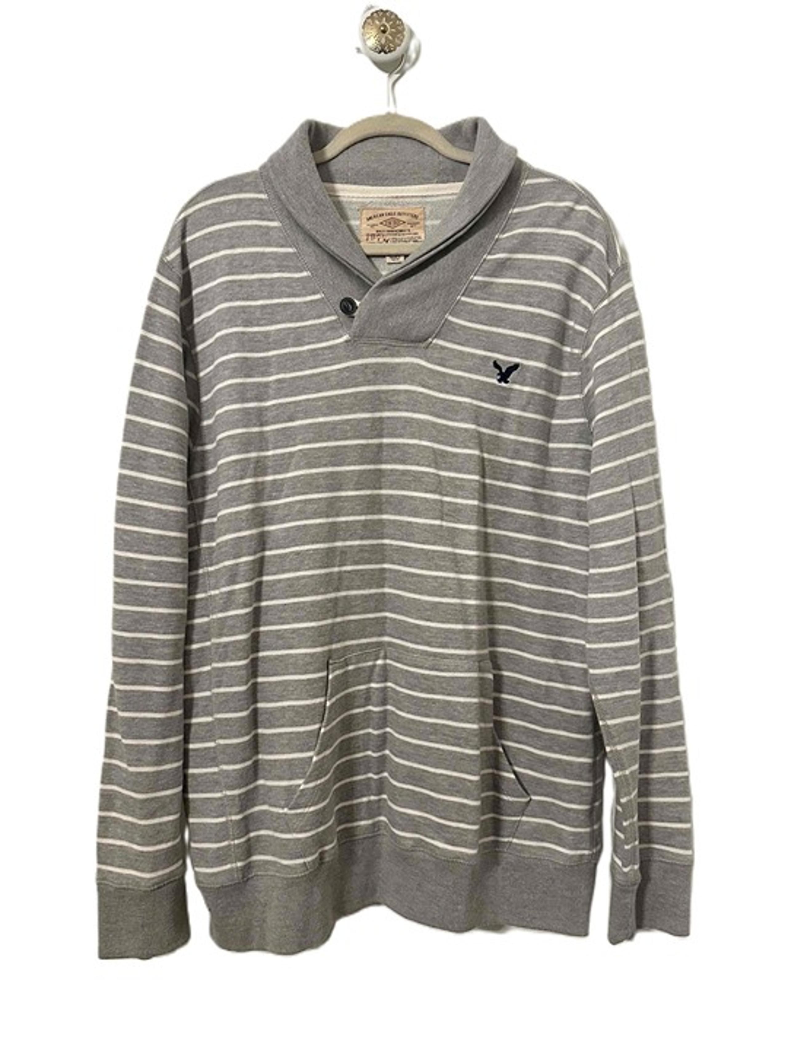 American Eagle Sweater Mens Size XL Gray Striped Shawl Button Collar Pullover