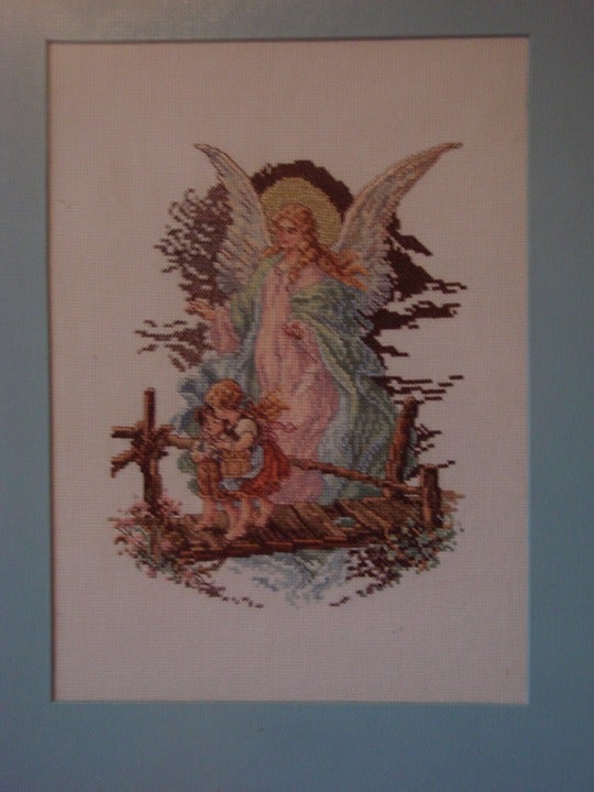 Guardian Angel Cross-Stitch Large Matted Framed with Non-Glare Glass