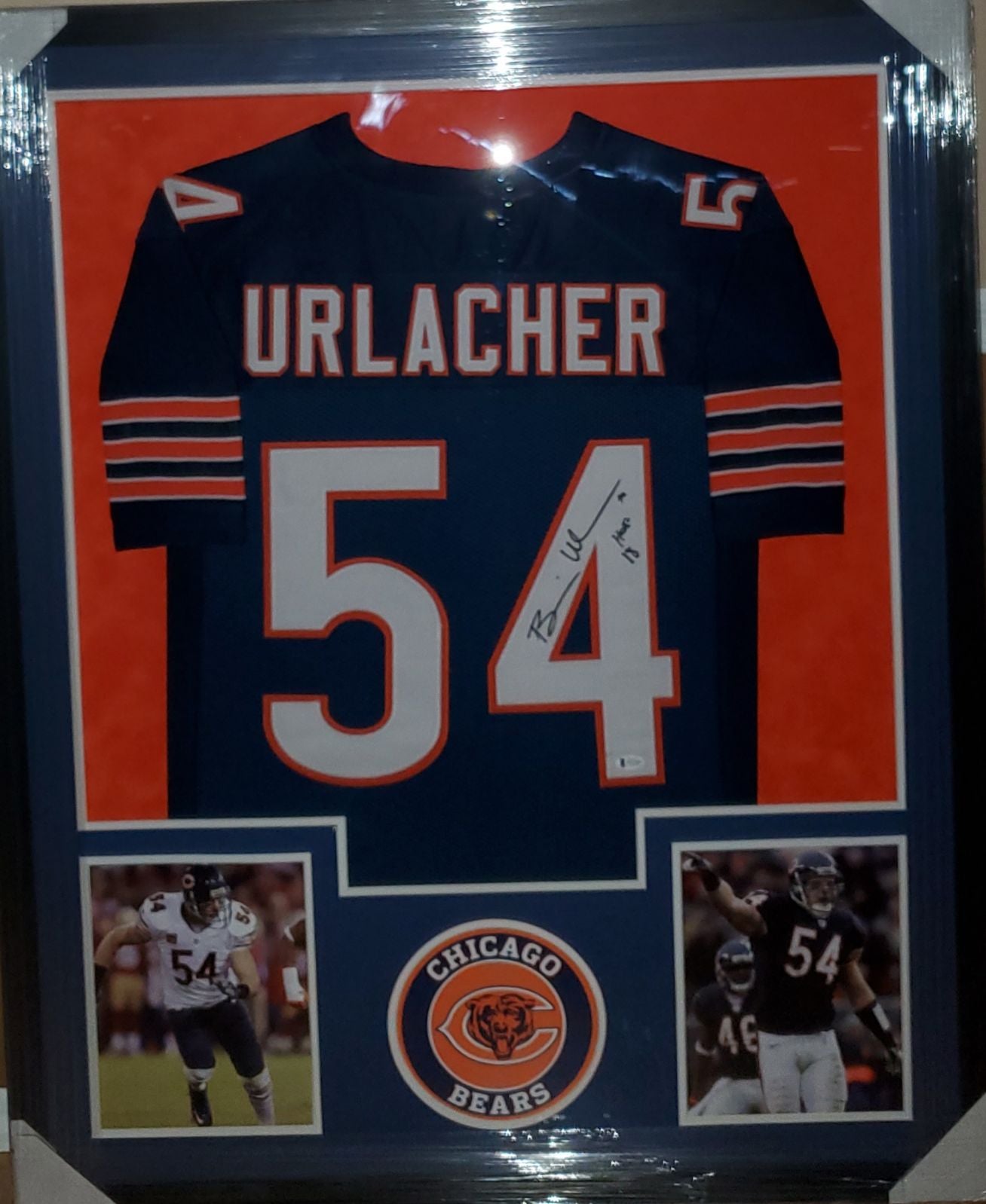 Read Description Brian Urlacher Framed Jersey with HOF 18 Ins. w/Suede (BAS)