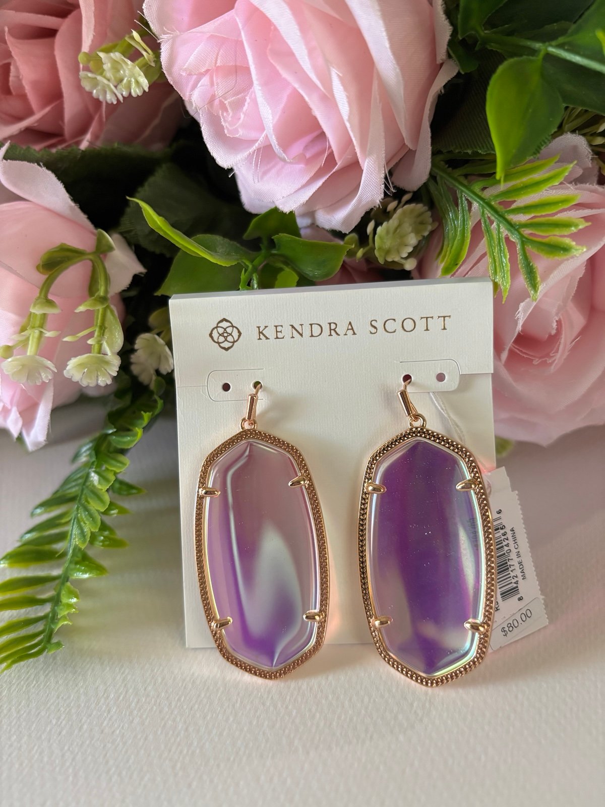 NWT Danielle Rose Gold Drop Earrings in Dichroic Glass