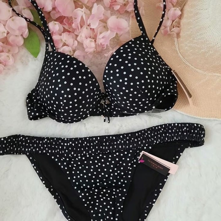 NEW 36C-L VS Malibu Fabulous Bikini Top + Smocked Bottoms in polka dots