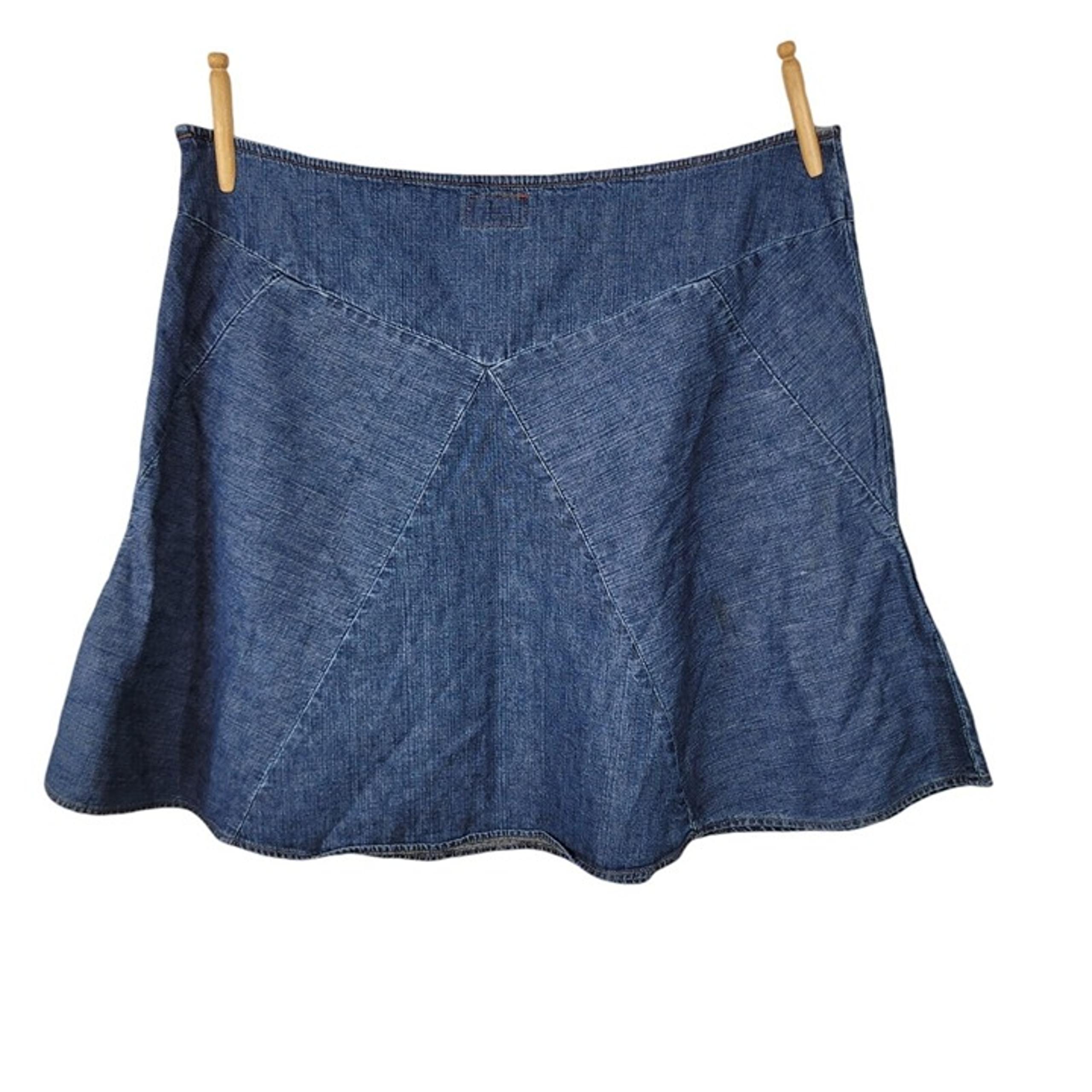 Chaps Ralph Lauren Denim Mini Skirt Size 16 38" Flare Blue Jean Patchwork Y2K