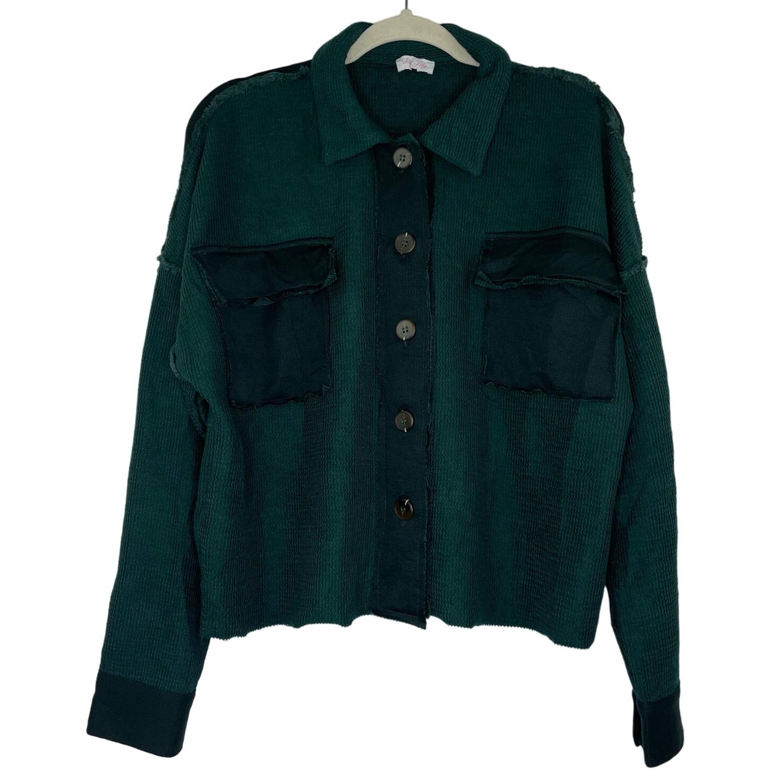Pink Lily Y2K 90's green cropped waffle long sleeve blouse women's Large