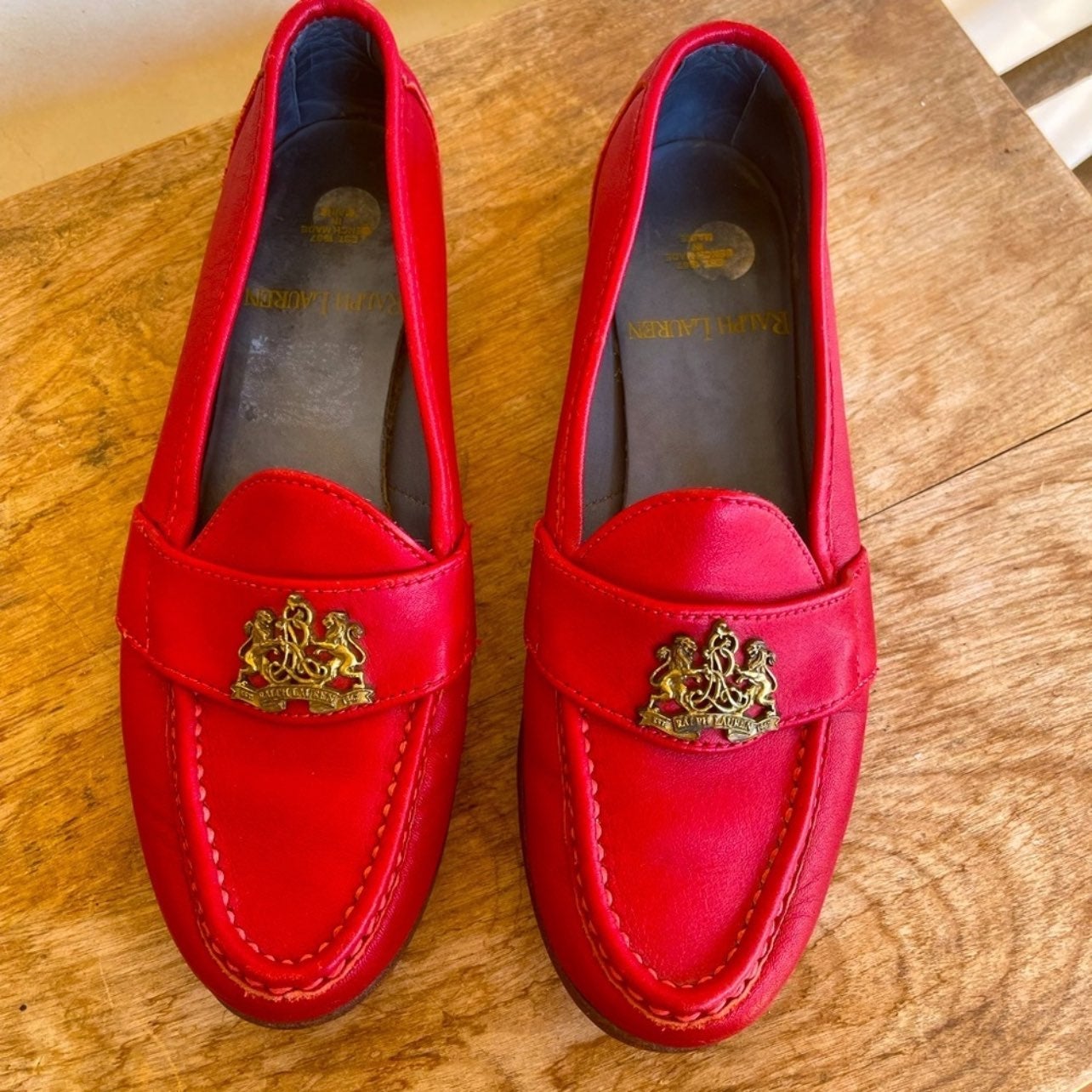 RALPH LAUREN Vtg 80’s Red Leather Loafers Crest Bench Made in Maine USA 8 RARE!!