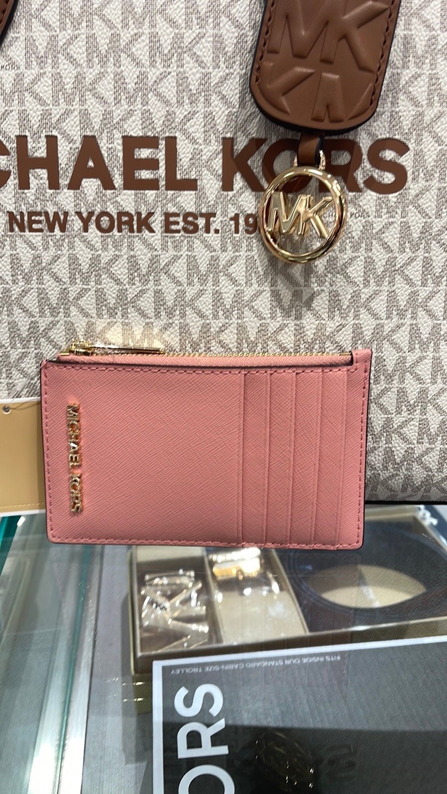MICHAEL KORS Jet Set Travel Medium Top Zip Leather Card Case Primrose NWT