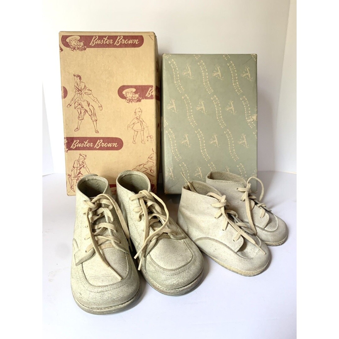 2 Vintage Buster Brown Red Goose Child Cardboard Shoes & Box 1950s Wee Walker
