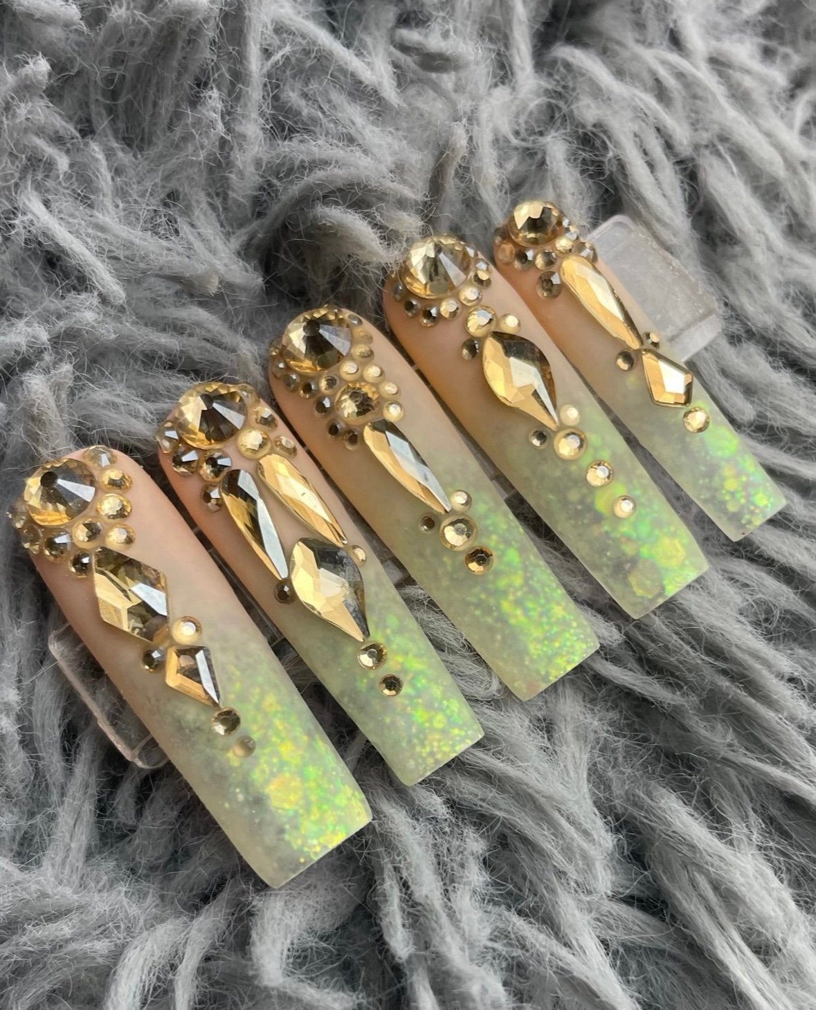 Extra long square green matte press on nails gold rhinestones glitter nude