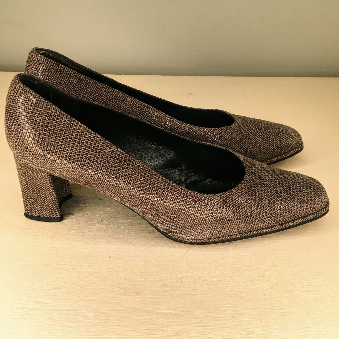 STUART WEITZMAN Vintage Grey Embossed Mid Block Heel Leather Pumps Women's 7.5