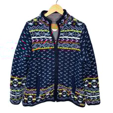 Laundromat Full Zip Jacket Womens XL 100% Wool Knit Geometric Pattern Navy