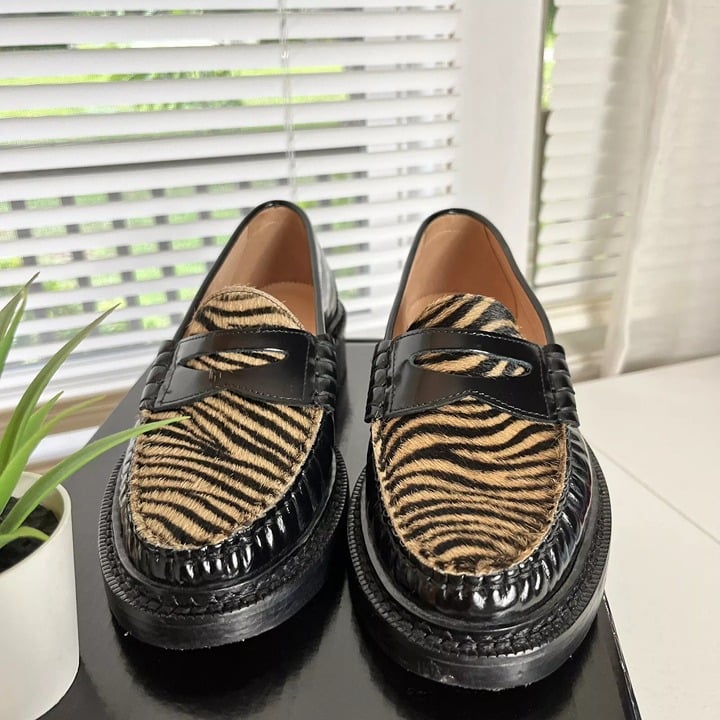 J Crew Rowan Penny Loafers Womens Size 6.5 Black Leather W/ Calf Hair Shoes