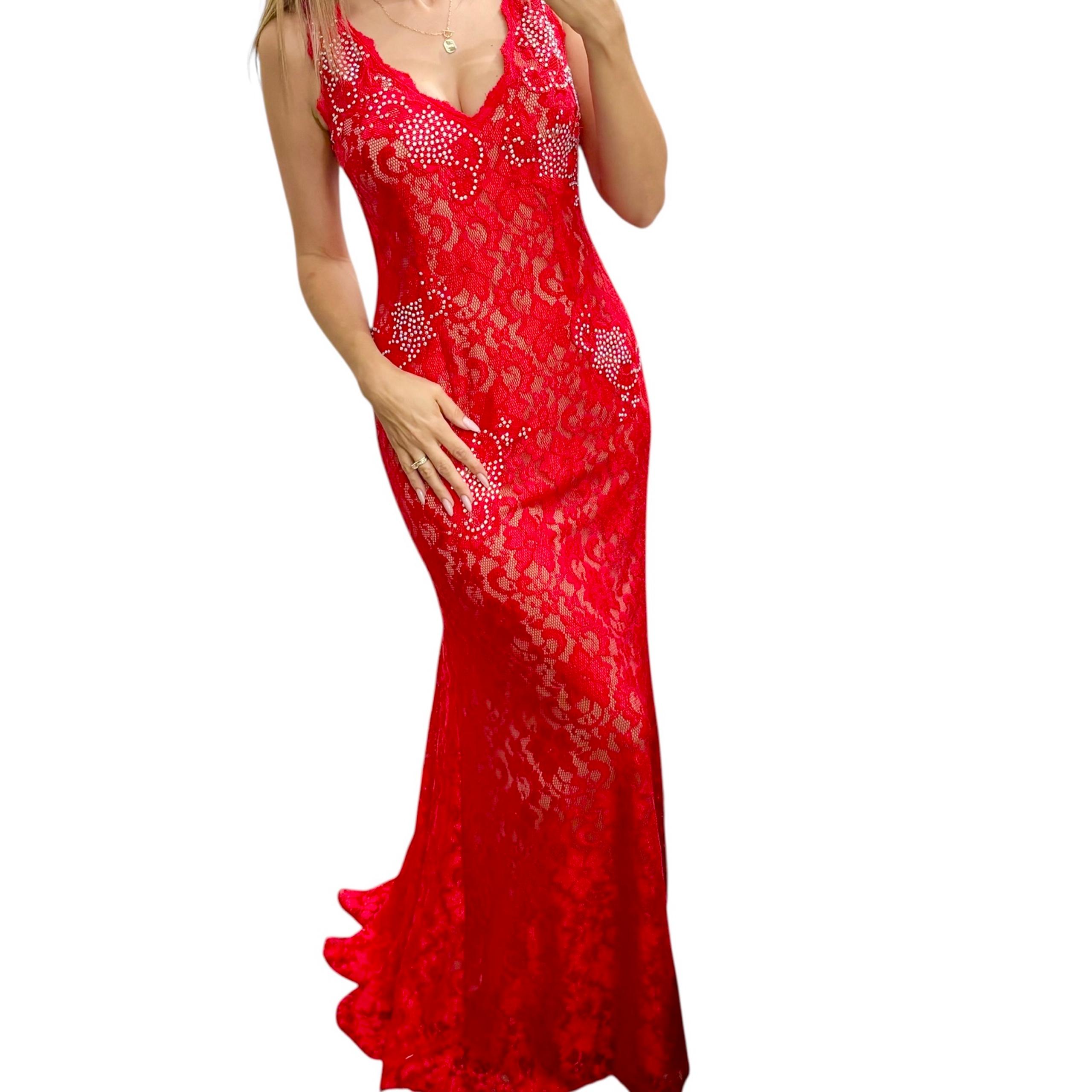 Betsy & Adam Stunning Red Lace Gown with embellished Rhinestones Sz 12