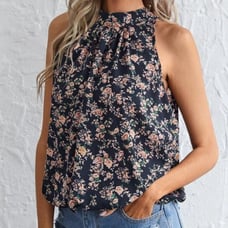 Sleeveless Floral Print Keyhole Back Halter Neck Blouse Large