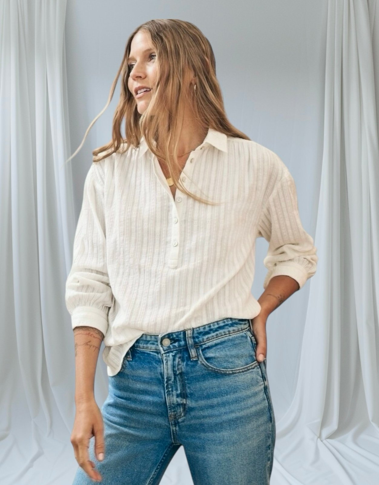 Faherty Women's Olli Top Size Large Relax Fit Cream White Cotton Half Button Up