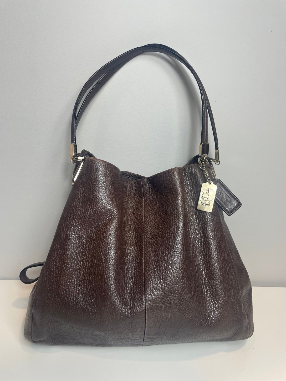 Coach Madison Phoebe Pebbled Brown Leather Shoulder Tote Hobo Bag, Large