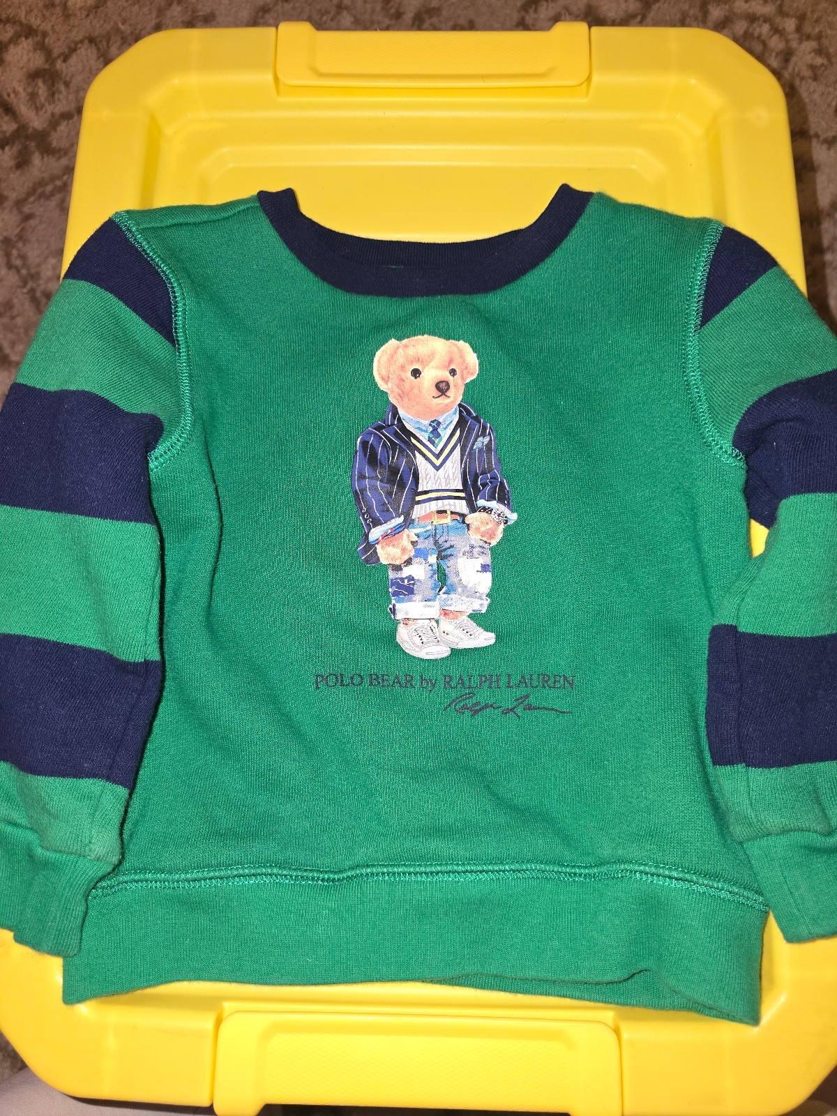 Ralph Lauren Boys Green Navy Stripe Teddy Bear Top Size 18M Cotton/Poly Blend