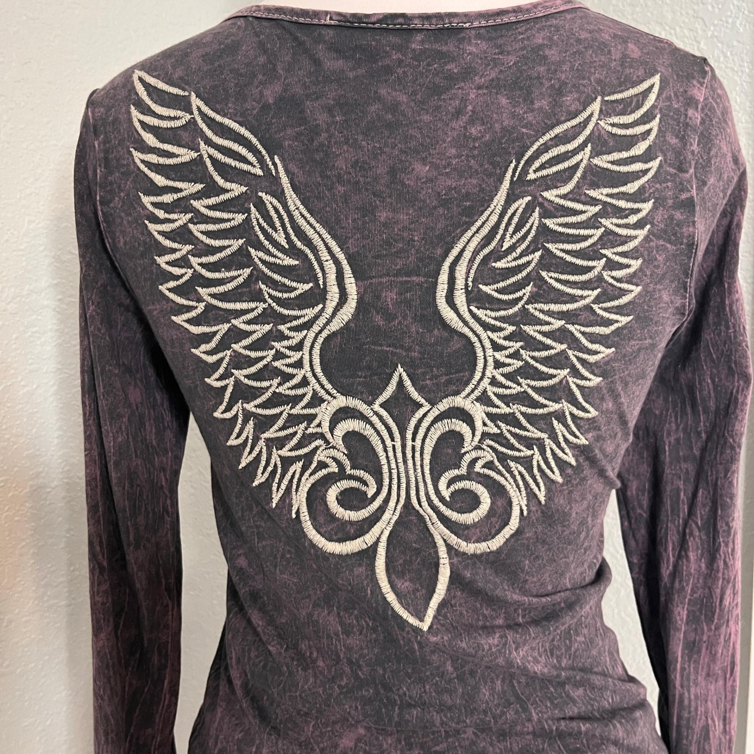 Embroidered Wings Long Sleeve Top Acid Wash V-Neck Casual Shirt