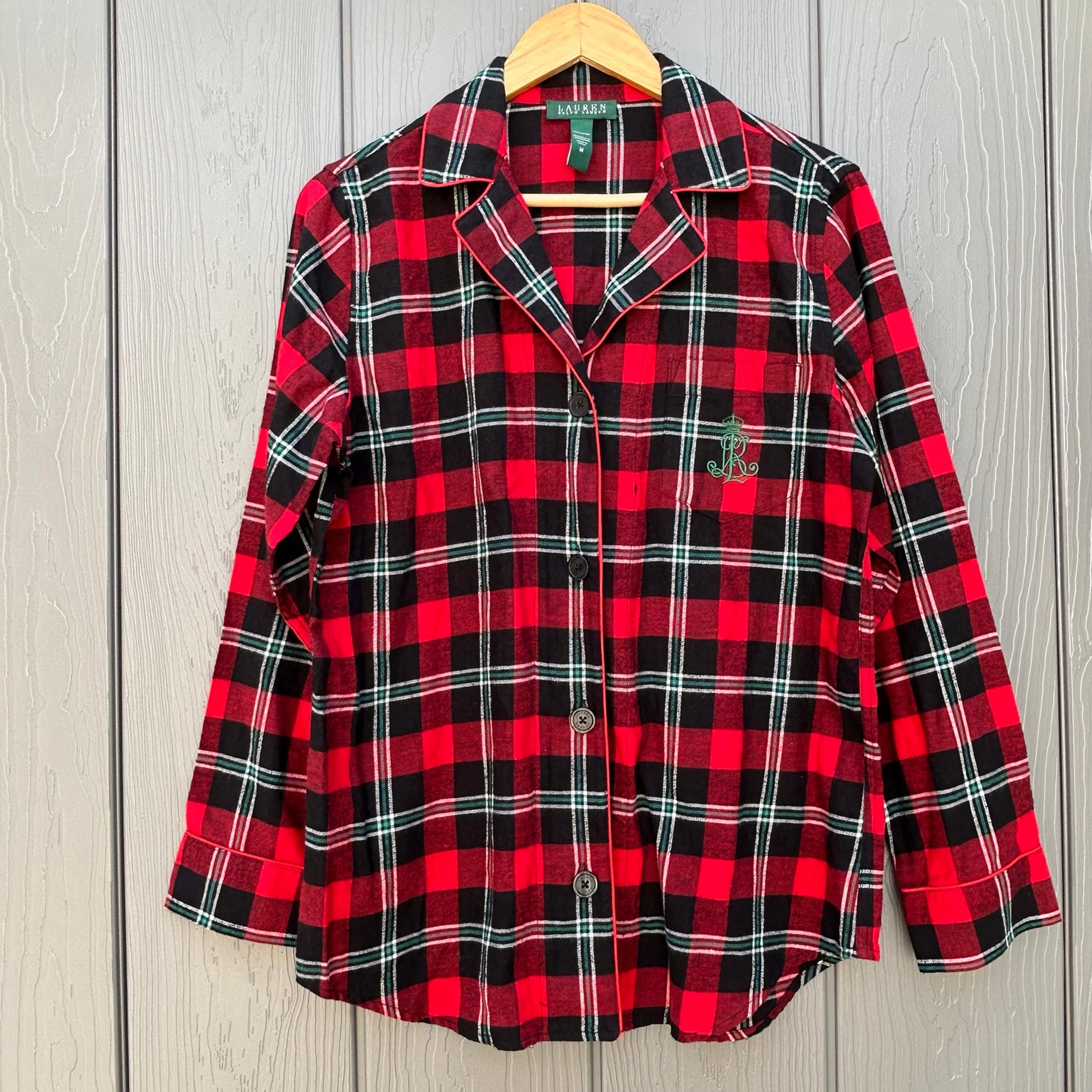Lauren Ralph Lauren Womens Pajama Top Sz Medium Sleepshirt Cotton Plaid  Flannel