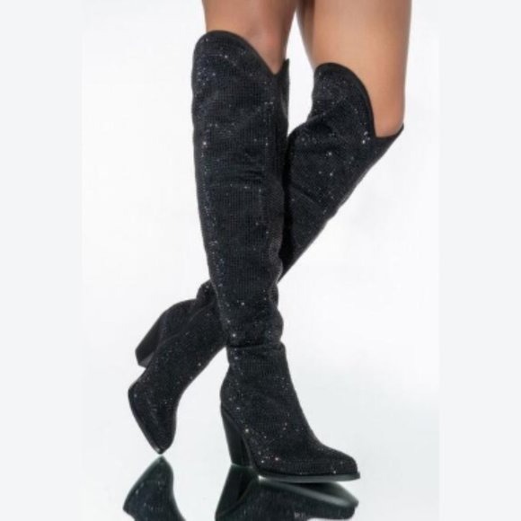 AZALEA WANG Nash Crystal Knee High Cowboy Boots Black Size 9 Worn One Time!
