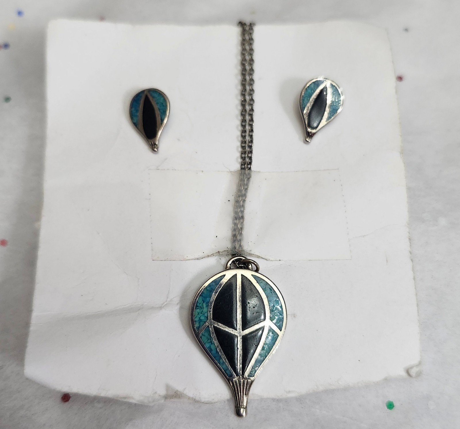 Vtg Signed Sterling Silver Turquoise Chip Hot Air Balloon Necklace Earrings Set