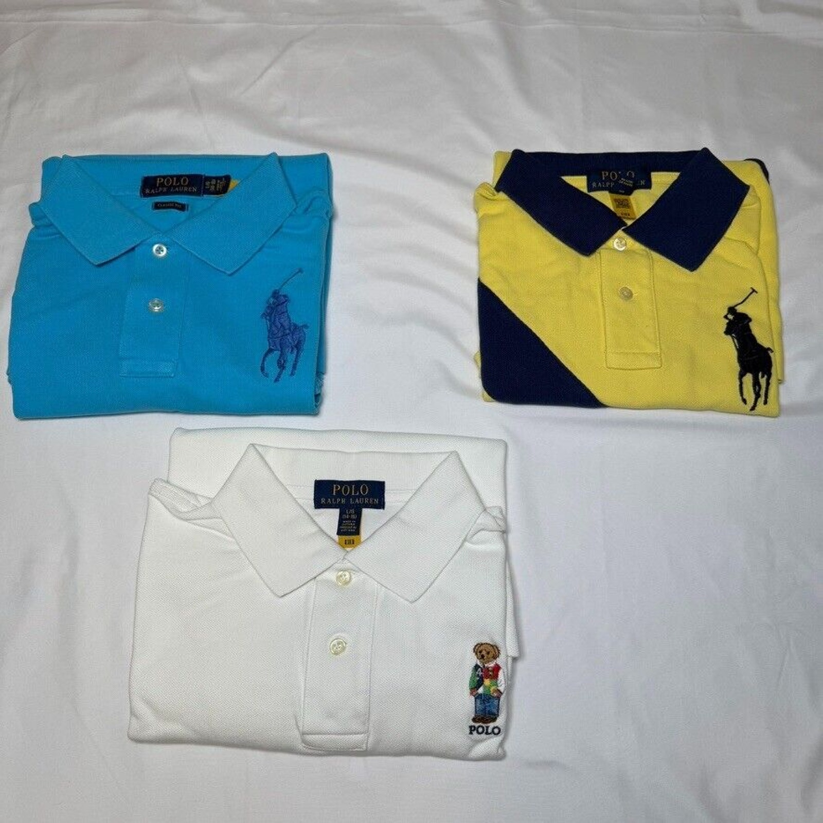 Ralph Lauren Polo White Blue Yellow Big Pony 3 Short Sleeve Shirts Youth L Rugby