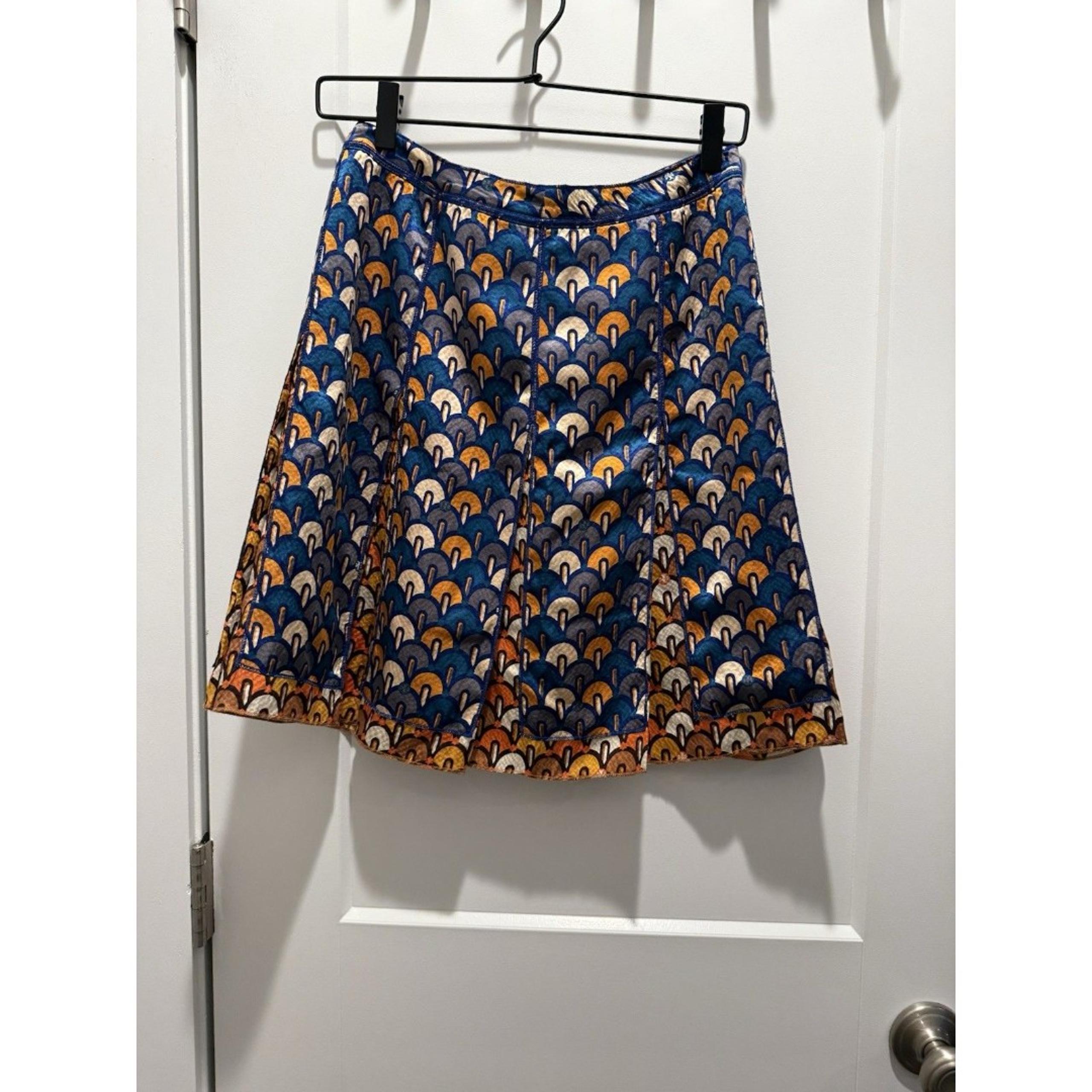 Tory Burch Bold Orange Teal Logo Pattern Panel Skirt Silk Size SZ M