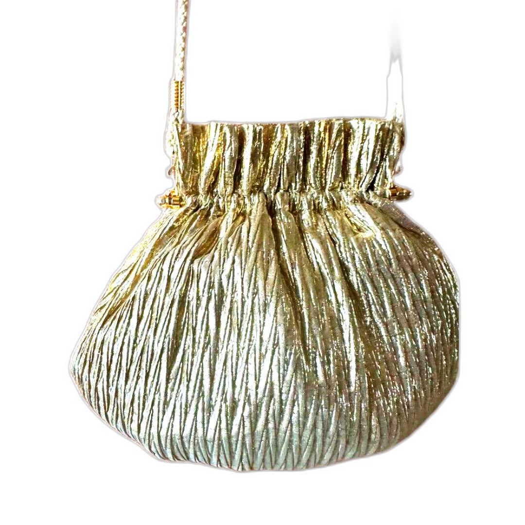 Whiting and Davis Gold Pleated Drawstring Handbag Party/Cocktail Shoulder Bag