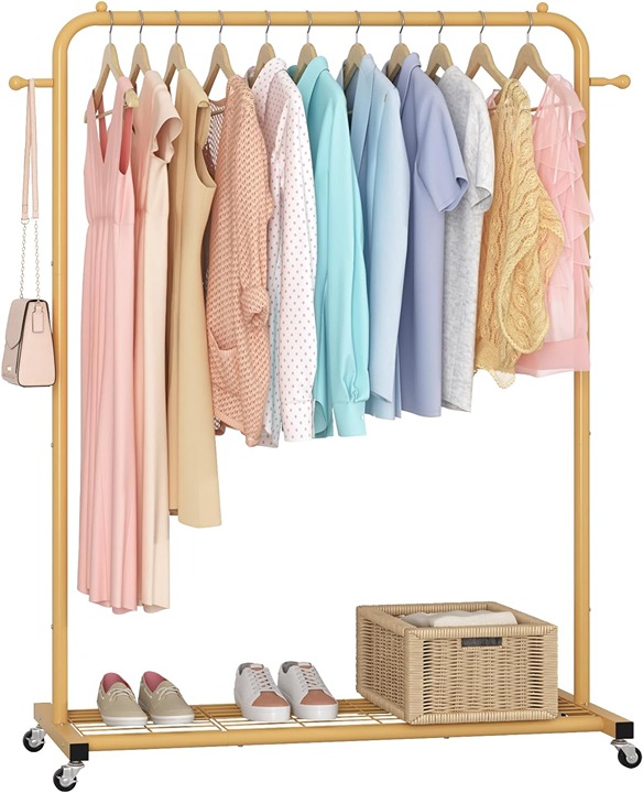 Clothing Rack on wheels with Bottom Mesh Storage Shelf