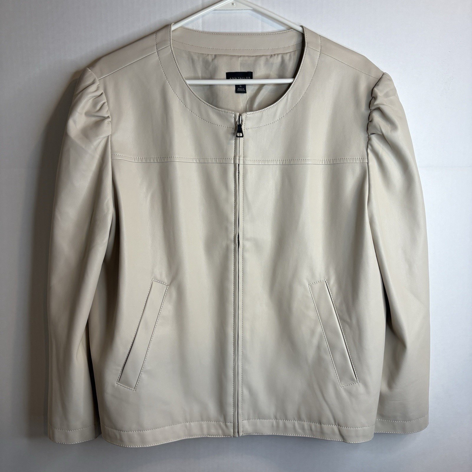 Ann Taylor Factory Creme Faux Leather Moto Jacket Size XL