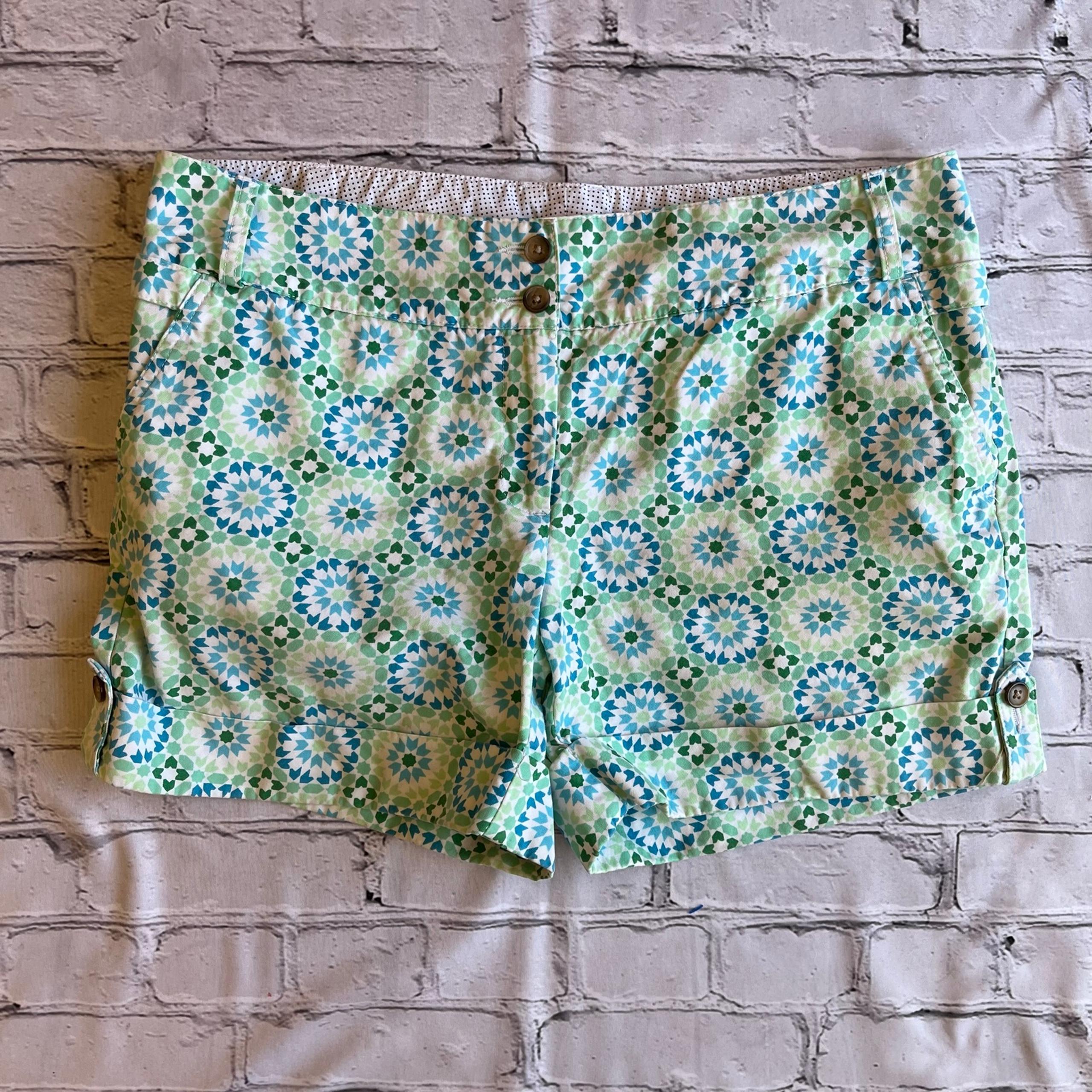 Lands End Chino Shirts Womens Geometric Print Size 12 Green Pockets Preppy