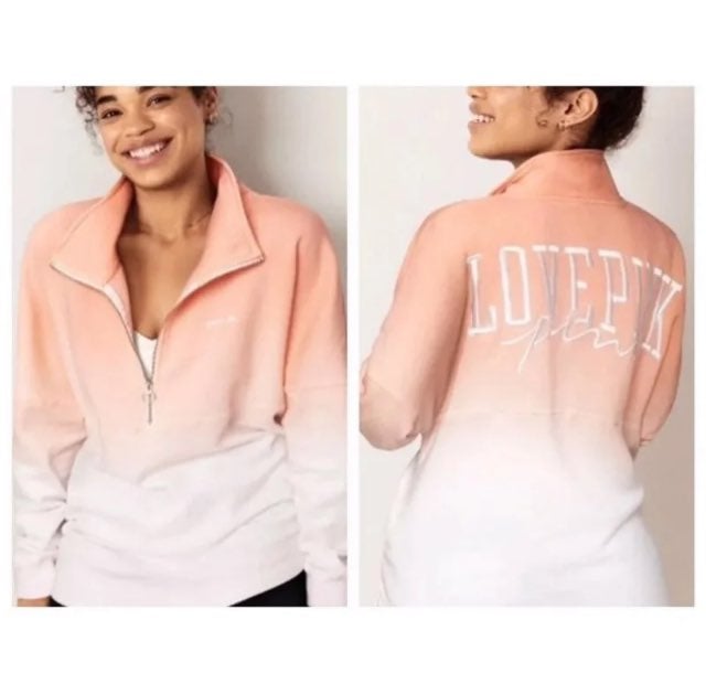 VS PINK VARSITY HALF-ZIP PEACH XS