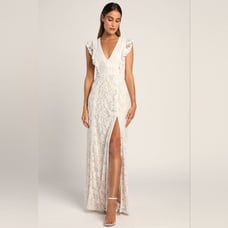 Lulu's This Moment in Time White Lace Ruffled Maxi Dress S Wedding Bridal Party
