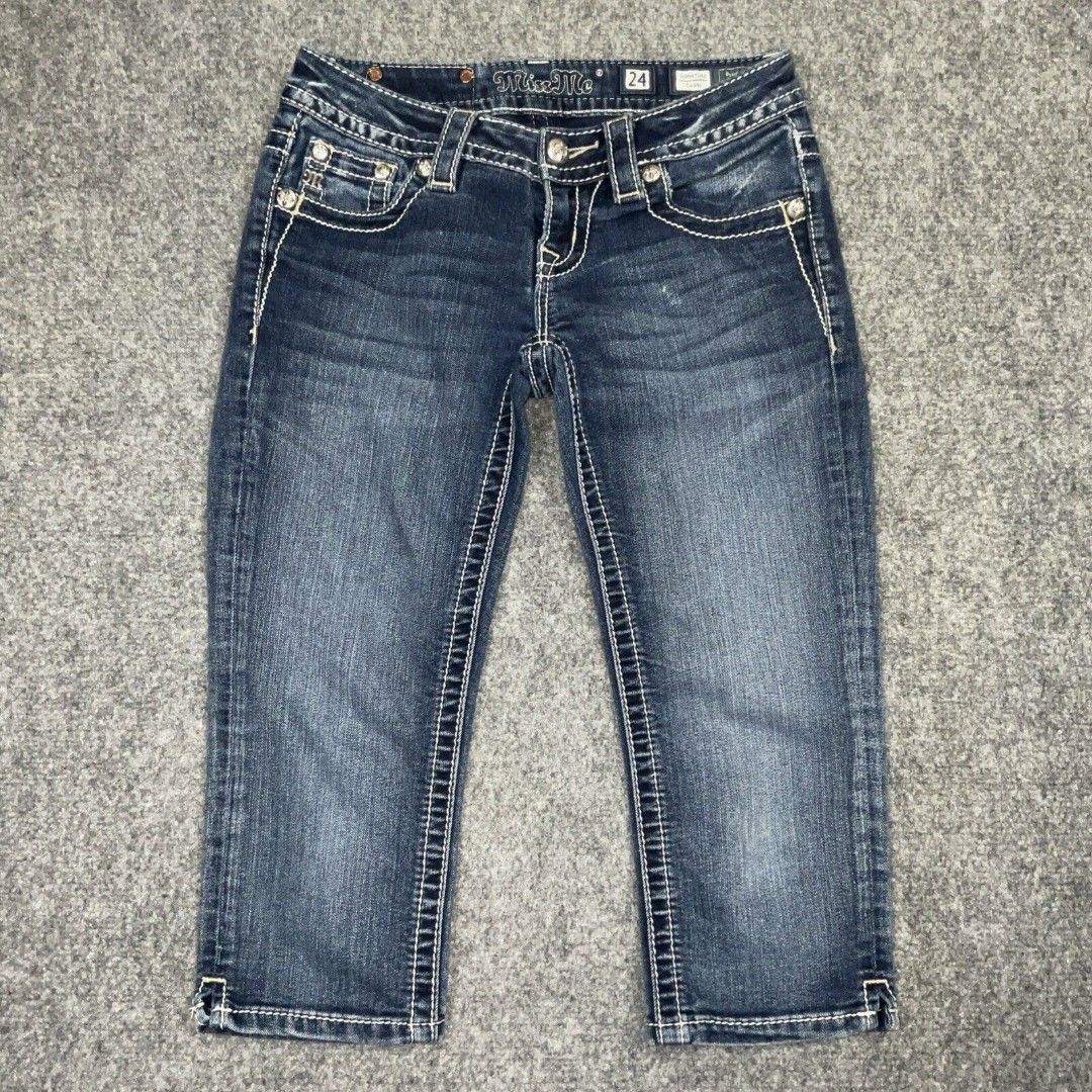 Miss Me Jeans Womens Size 24 Blue Signature Capri Cross Pocket Embellished