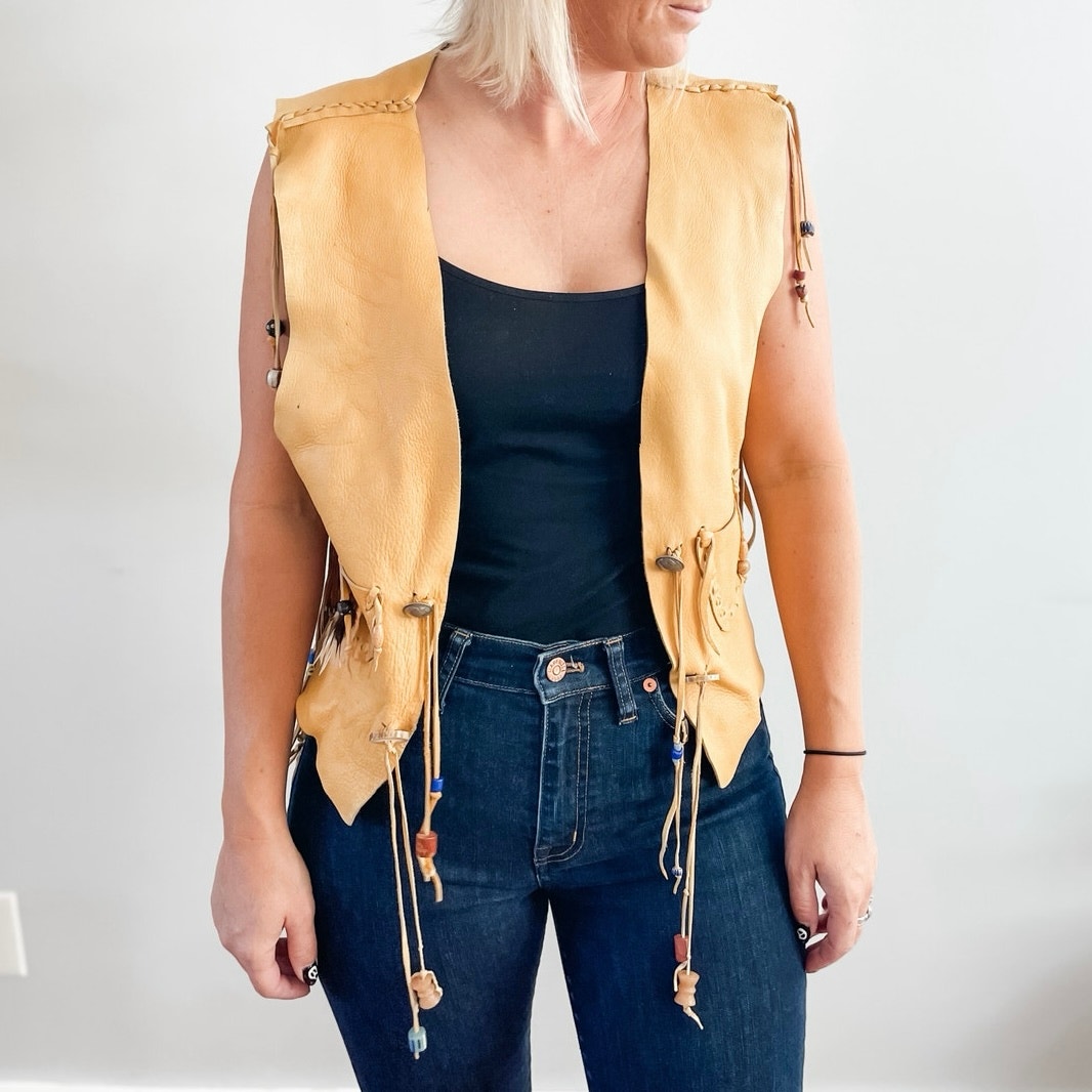 Vintage | Unbranded Handmade 100% Leather Fringe Beaded Vest Festivals Western