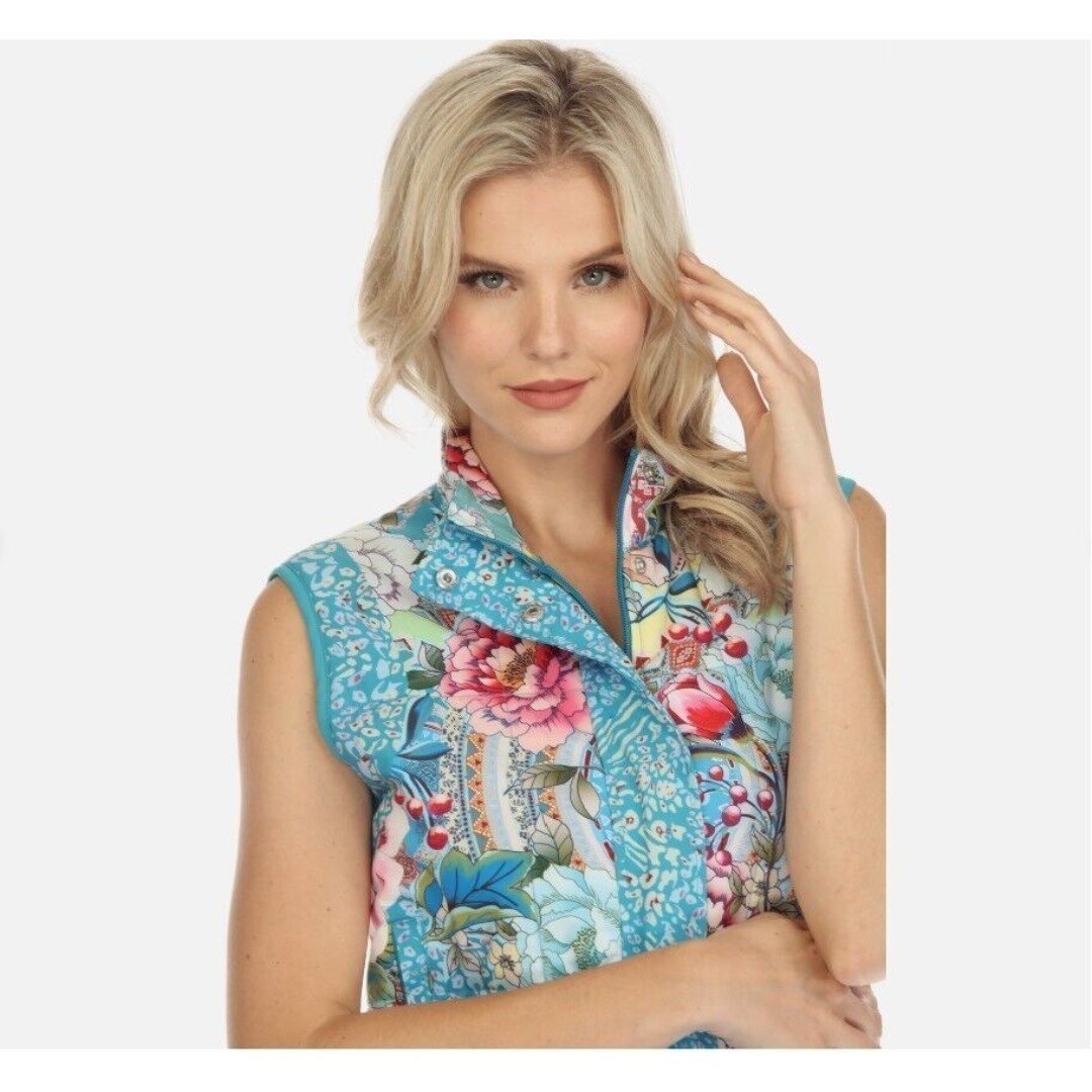 Johnny Was Prisma Quilted Floral Zip Up Athleisure Vest Boho Chic Small