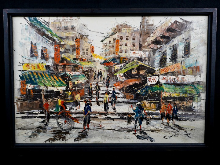 Vintage Original Impressionist Cityscape Oil on Canvas Market in Hong Kong 