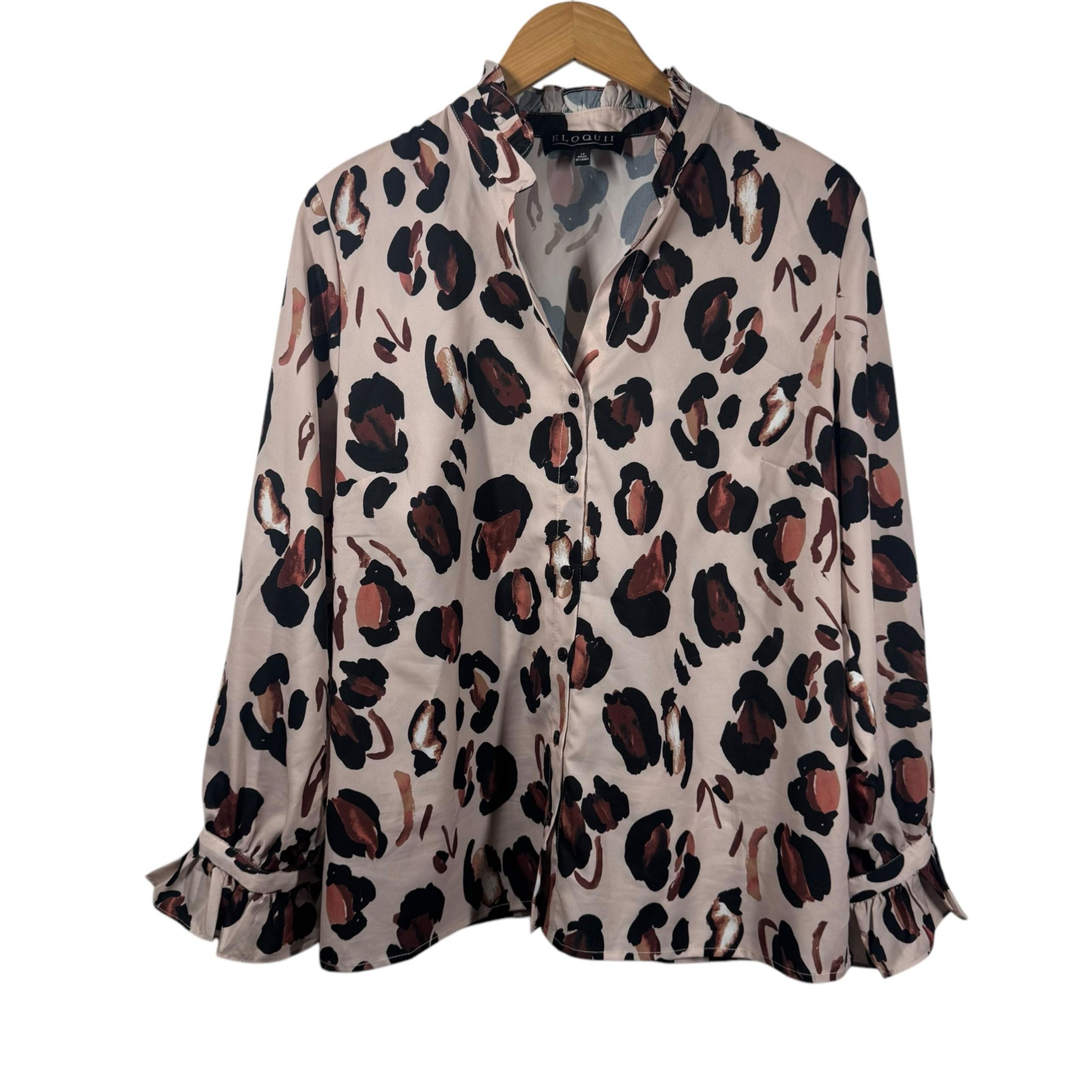 ELOQUII Blouse Women 14 Animal Plus Size Button Down Long Sleeve Ruffle Career