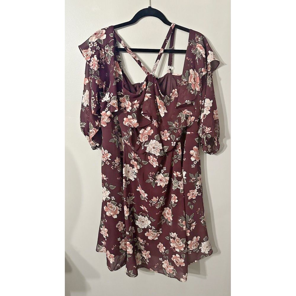 Sz 4 Torrid Floral Purple Fit & Flair Dress Elastic Waist 3/4 Sleeve Stretch