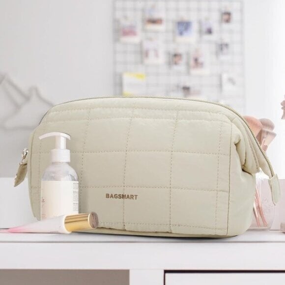 Women Makeup Bag Cosmetic Bag Wide Open, Beige, M, Wide-open Travel Makeup Bag