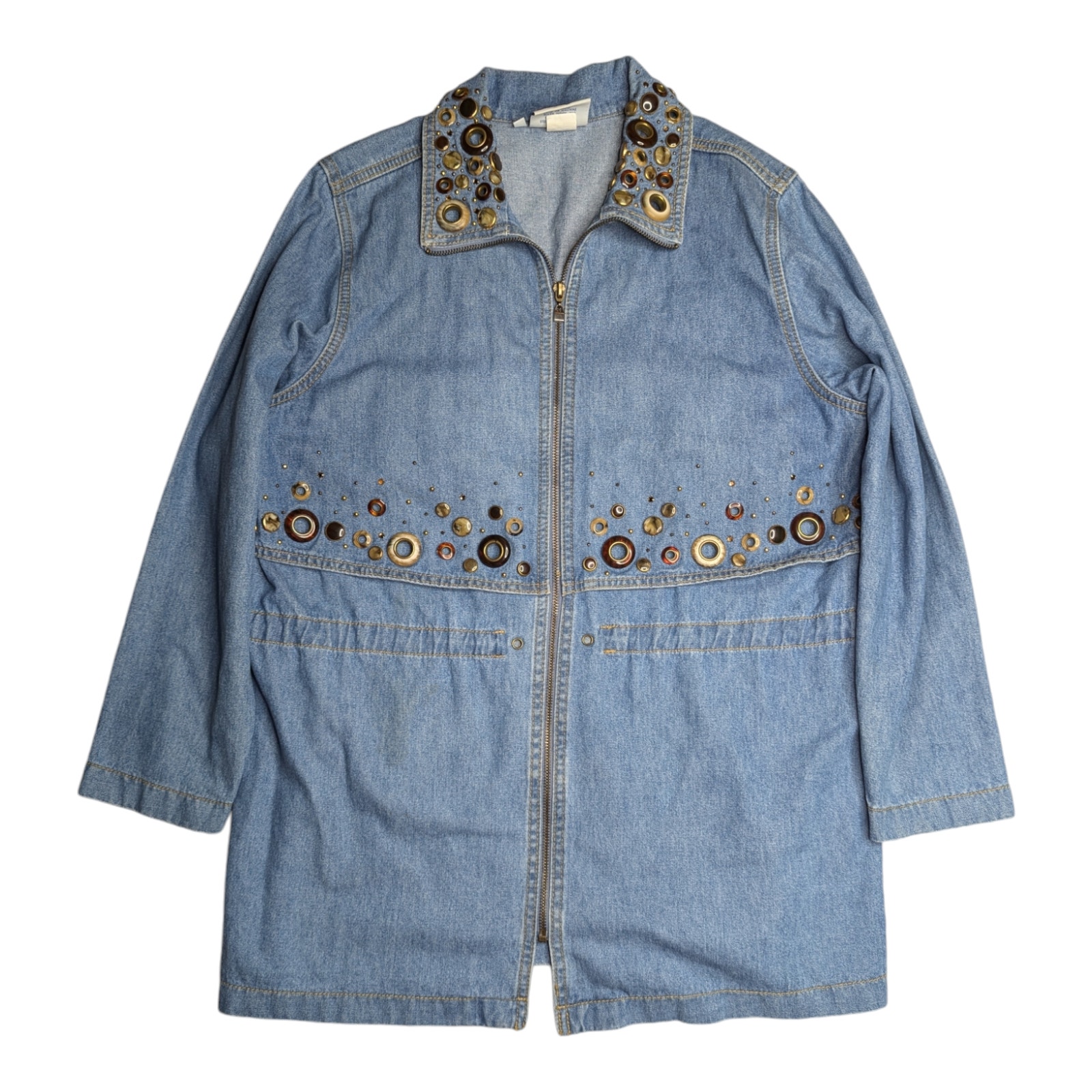 Vtg 1990s Monique Fashions Chambray Denim Grommet Detail Zip Up Jacket S 6
