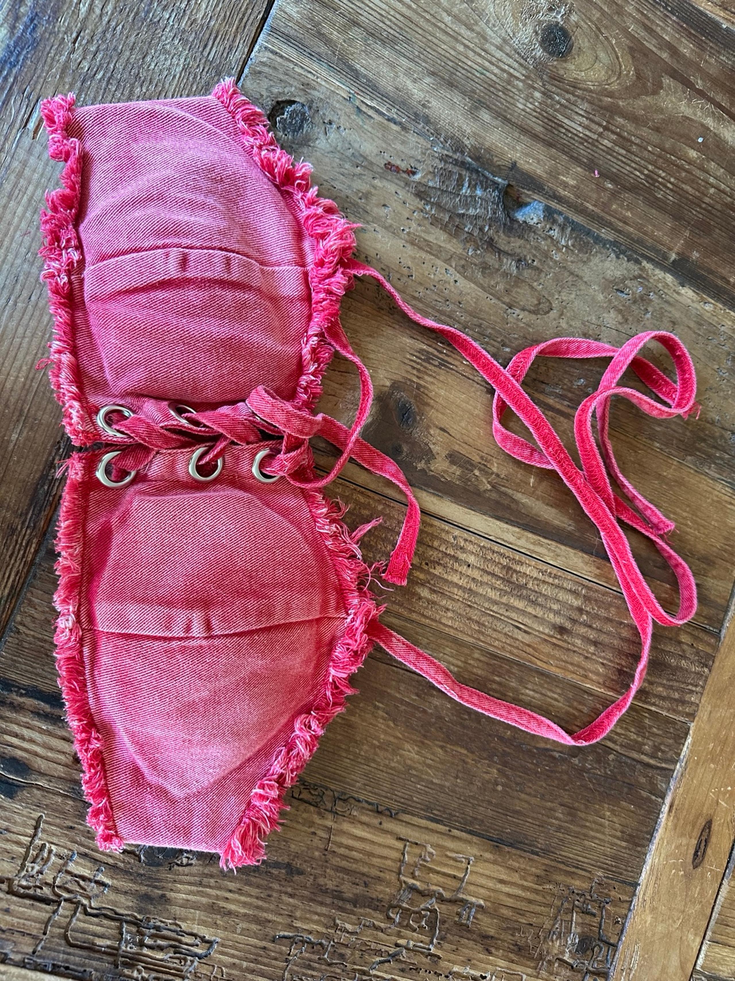 Fashion Nova Small Red Denim Lace Up Frayed Bikini Top Neck Tie Padded