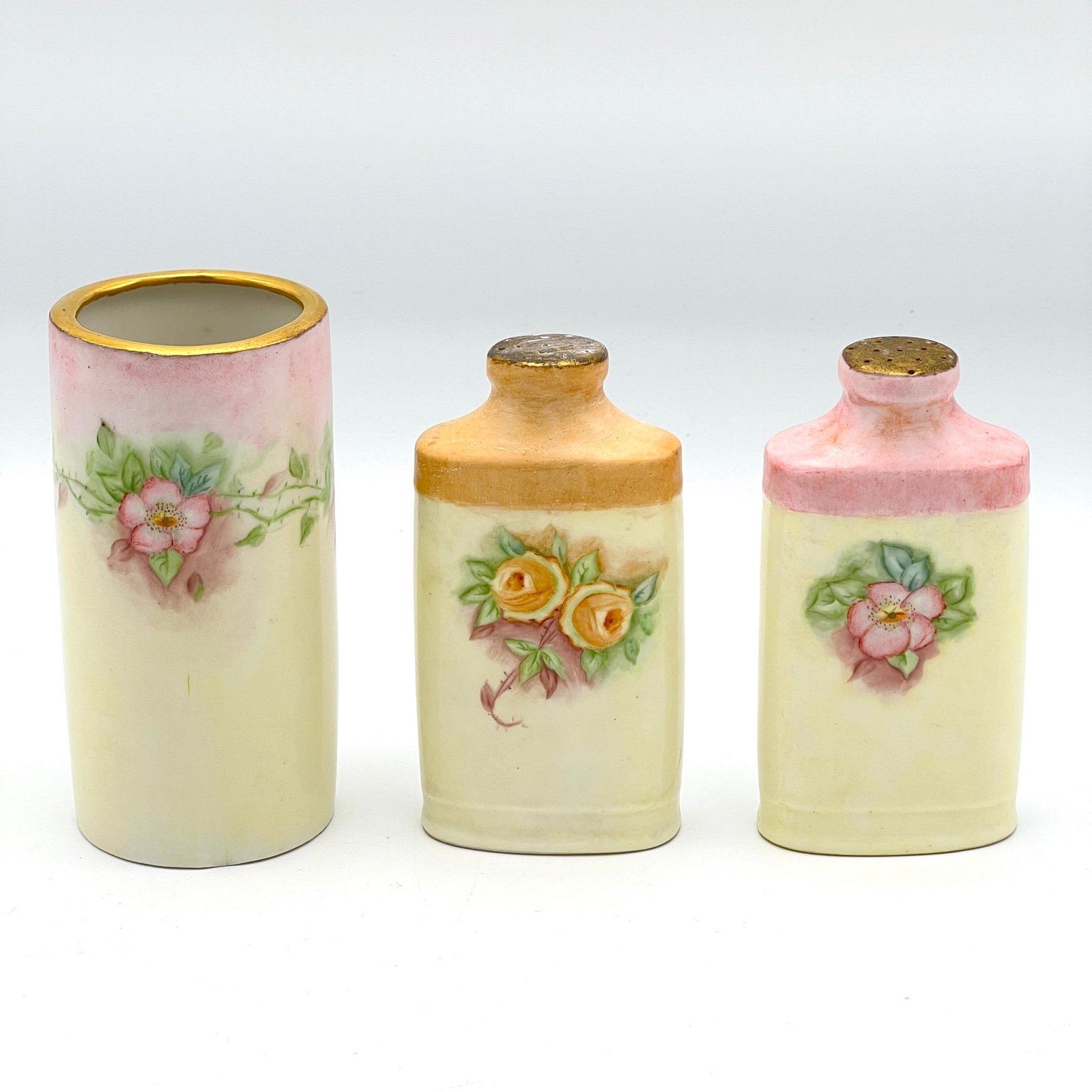 Rare Vintage Victorian Porcelain Dresser Set Talc Powder Shakers & Container/Ja