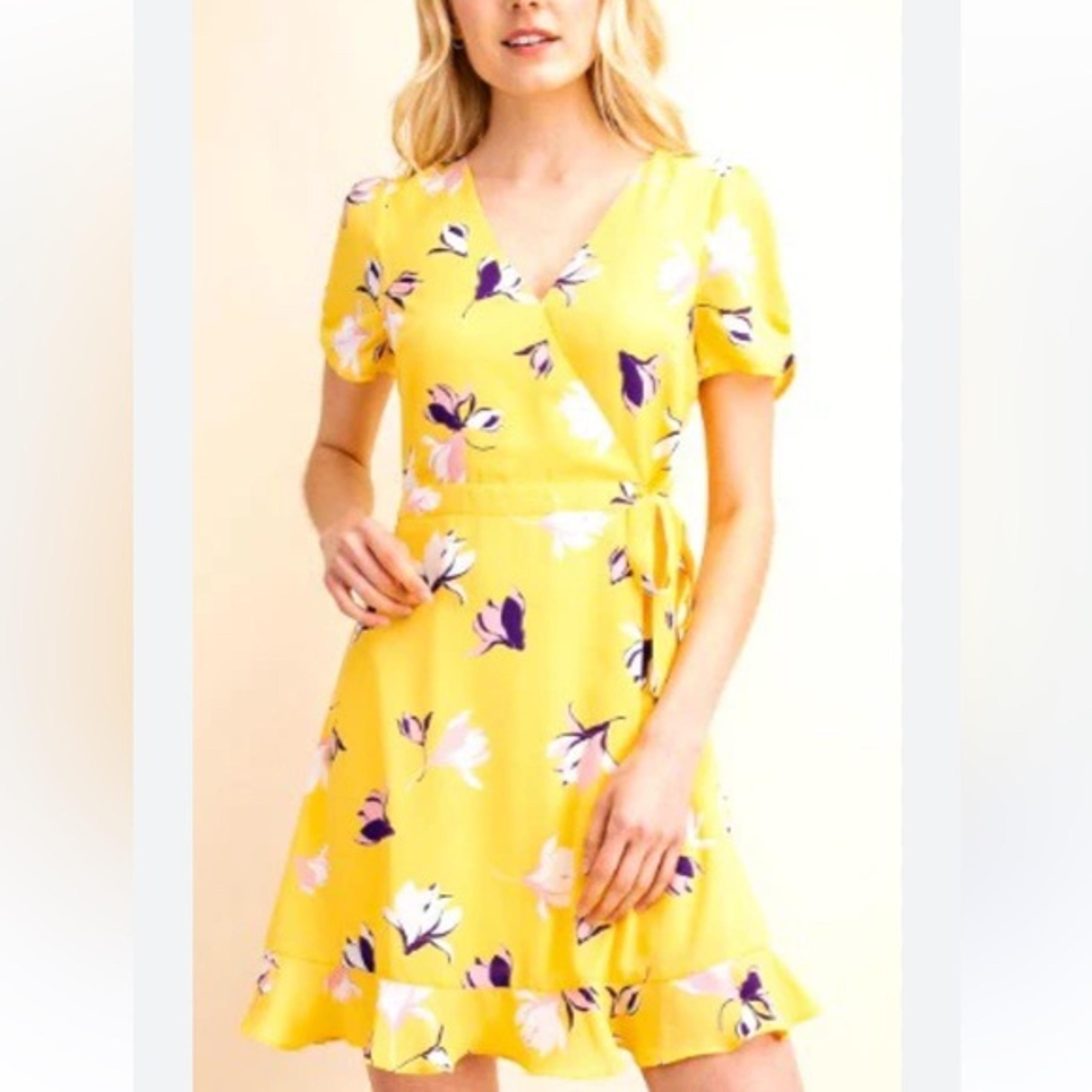 Gilli Yellow Crossover Faux Wrap Flowers Floral Ruffled Bottom Spring Sun Dress
