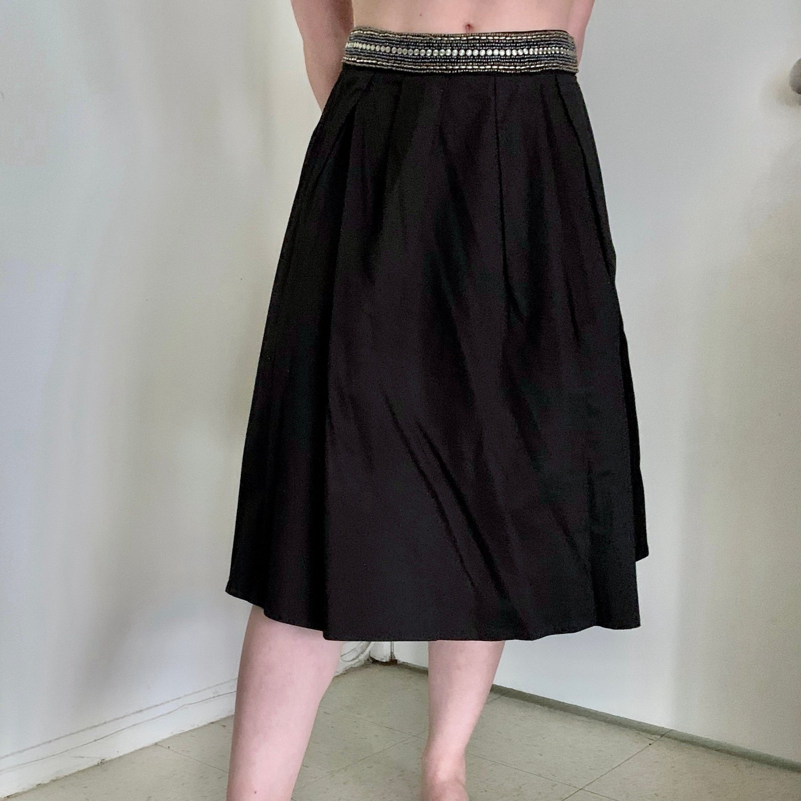 Francesca’s Black Midi A-Line Skirt Beaded Waistband Elegant Parisian Whimsigoth