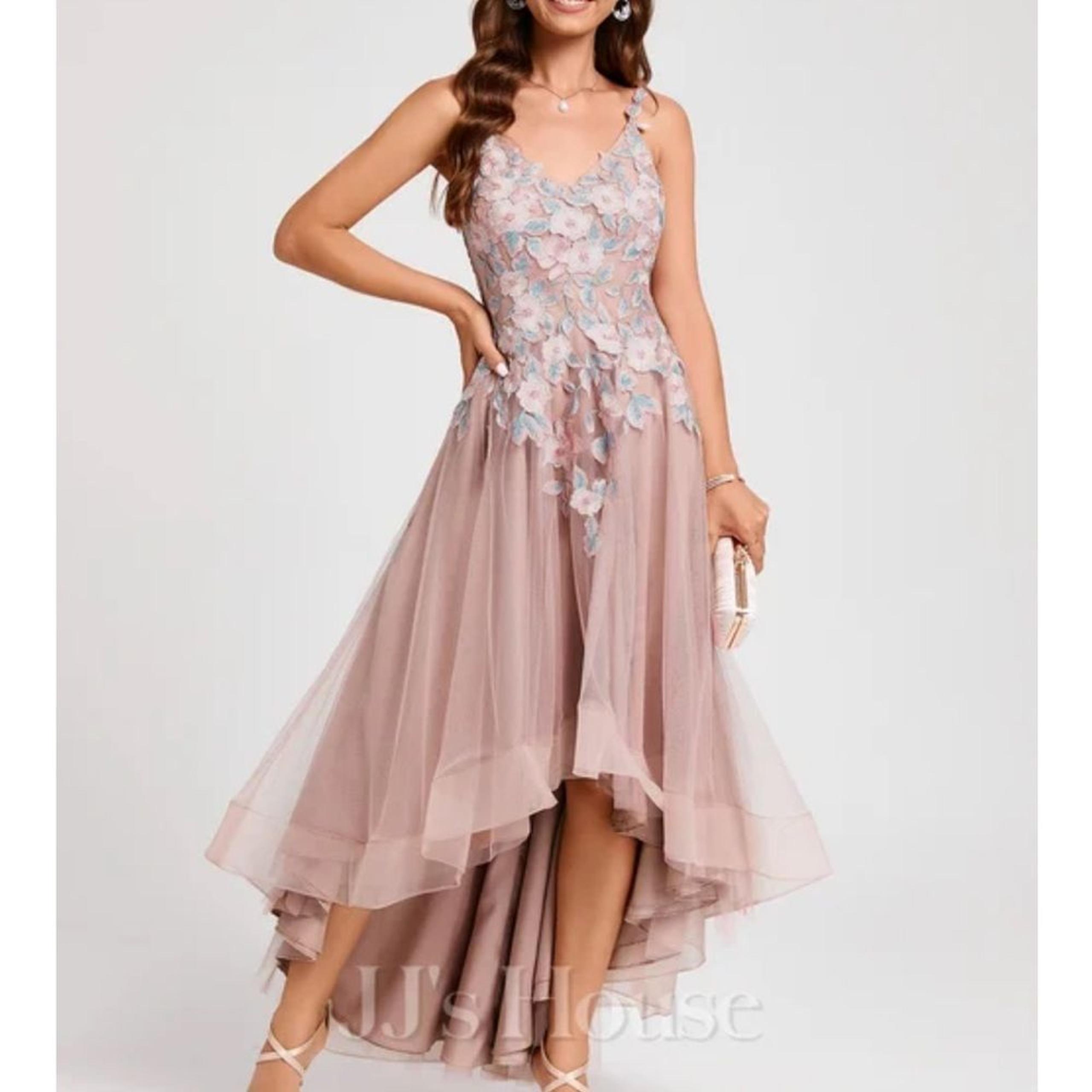JJs House Pink High Low A-line V-Neck Tulle Floral Lace Dress w/Spaghetti Straps