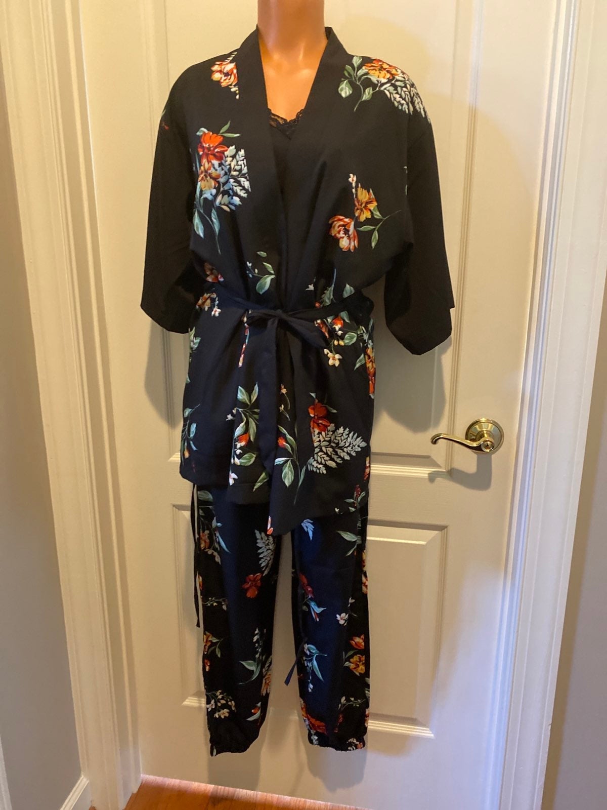 JAPNA LOUNGE 3pc CAMI PANTS PJ PAJAMA ROBE SET Black Floral Small S