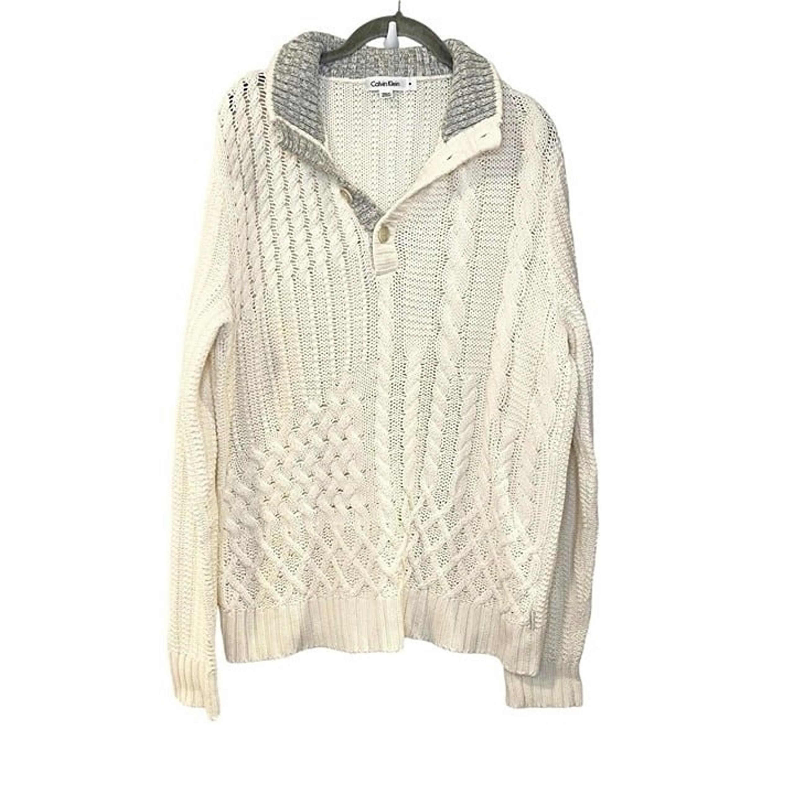 Calvin Klein Henley Sweater Cable Knit Fisherman Ivory Grey Collared Size M Mens