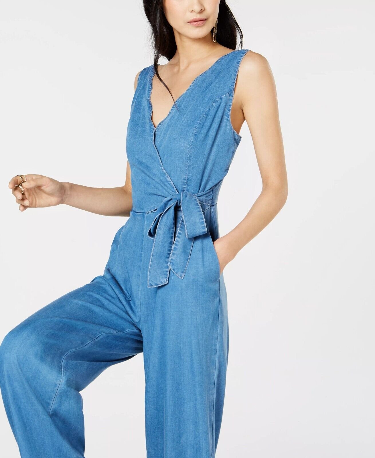 INC International Concepts Petite Lyocell Denim Jumpsuit, Blue, Size 10P
