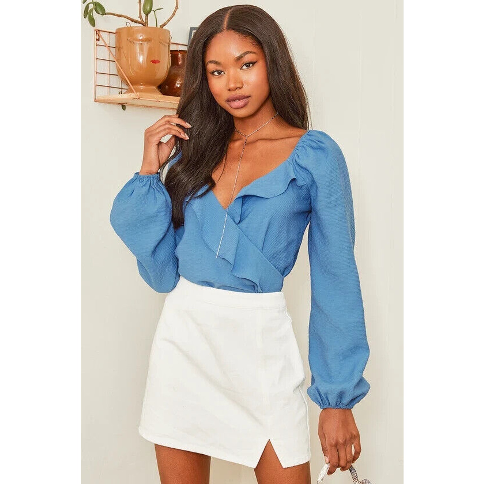4SI3NNA NWT Roni Blue Ruffled Long Sleeve Bodysuit Size S