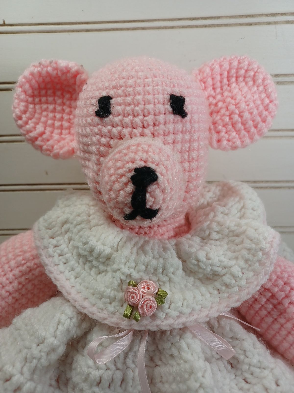 Crochet Handmade Vintage handmade crochet bear white pink plush knitted with dr