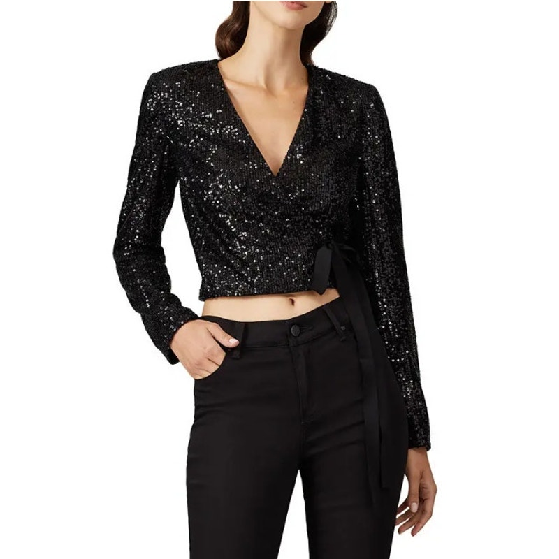 ML Monique Lhuillier Sequin Wrap Crop Top Long Sleeve V-Neck Black Womens Sz XS